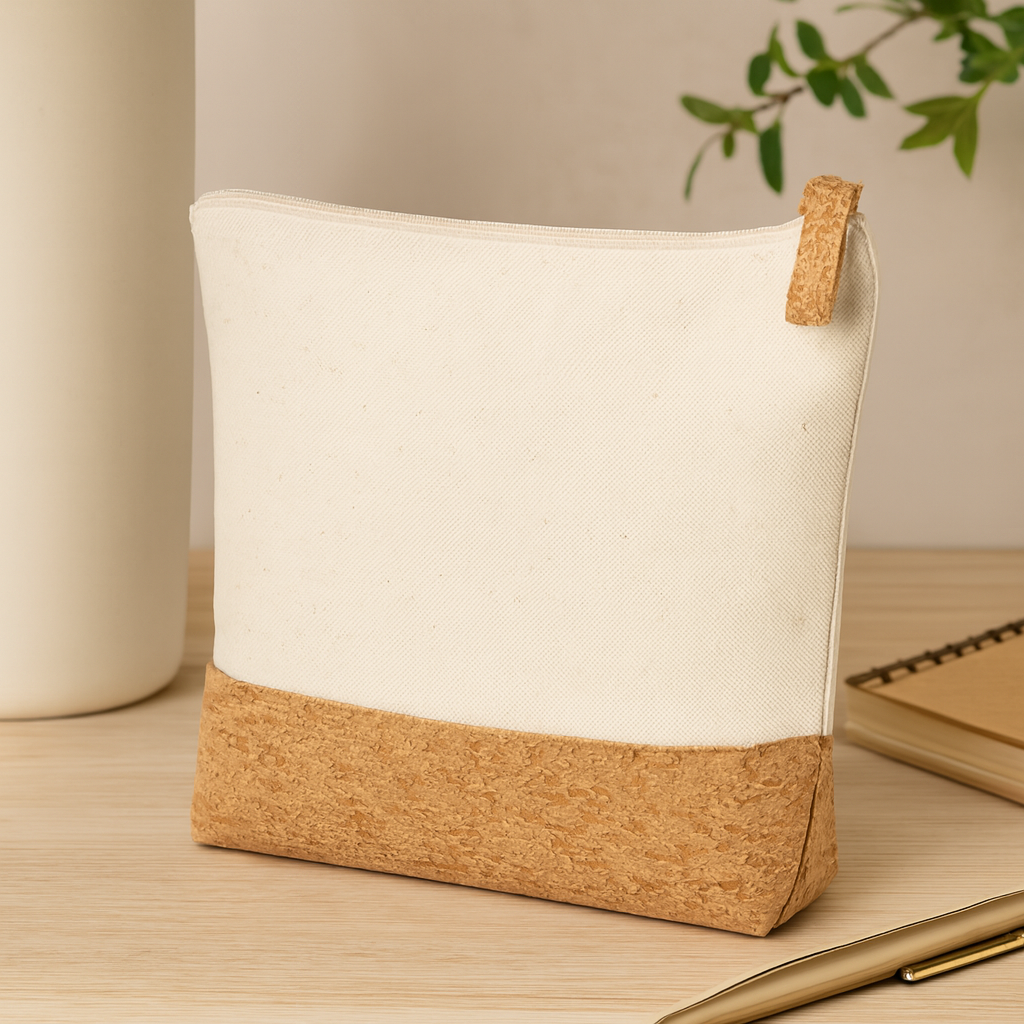 Marsh Recycled cotton travel zip pouch with cork base.