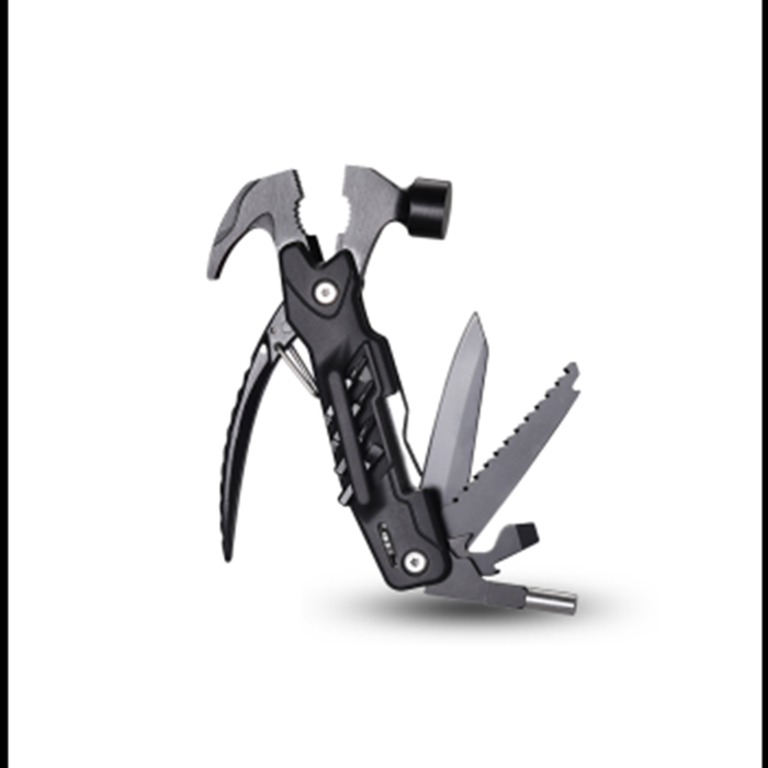 Salazar Multitool equipped pliers, a wire cutter, hammer, knife, saw, nail file, screwdriver, bottle opener, and a secure bit holder.
