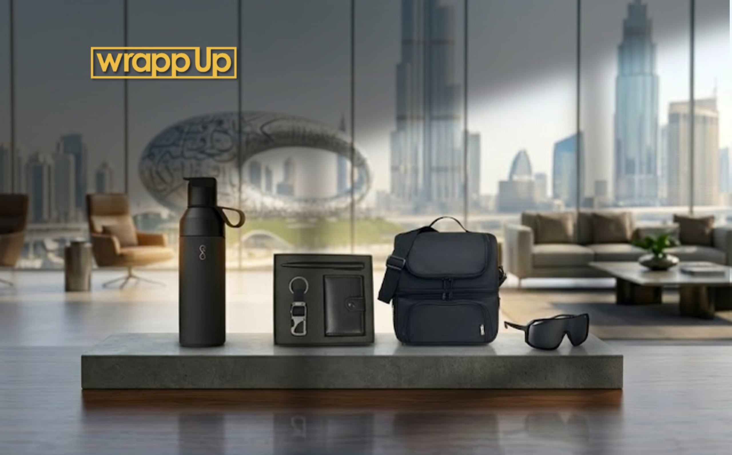 Corporate gifts supplier Dubai showcasing customized office gifts, tech gadgets, and branded merchandise